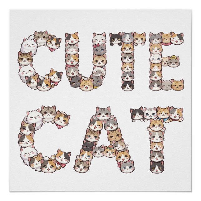 Pôster The words "CUTE CAT" are made using cat faces (Frente)