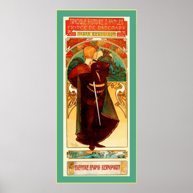 Pôster Theater Sarah Bernhardt ~ Hamlet ~ Alphonse Mucha (Frente)
