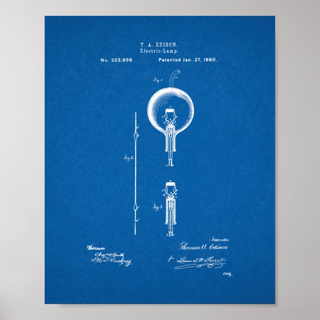 Pôster Thomas Edison Light Bulb Patent - Blueprint (Frente)