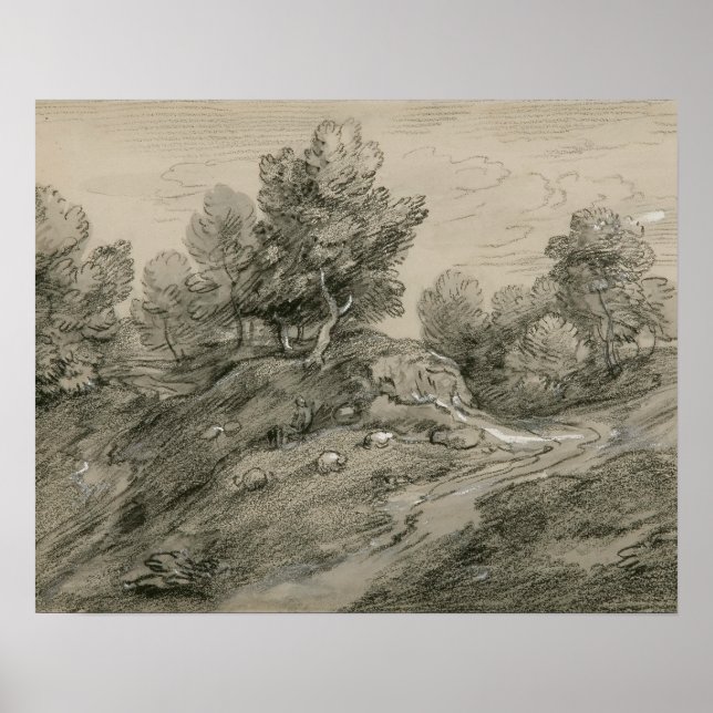 Pôster Thomas Gainsborough - Paisagem de terra arborizada (Frente)