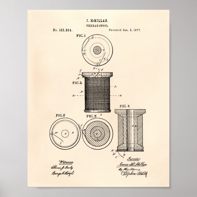 Pôster Thread Spool 1877 Patent Art Old Peper (Frente)