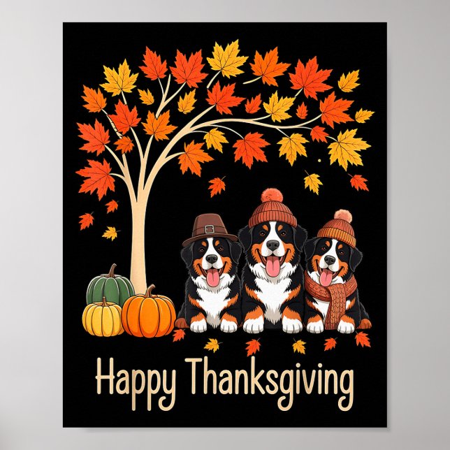 Poster Three Bernese Mountain Dogs Fall Tree Happy Thanks (Frente)