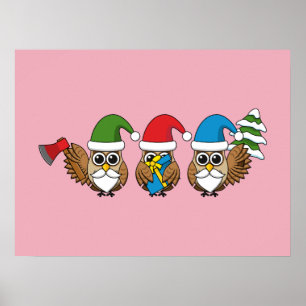 Poster Three Funny Christmas Gnome Owls