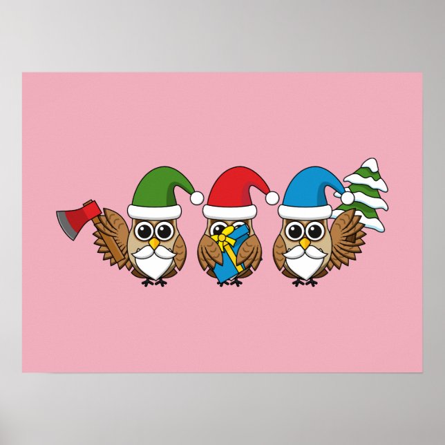 Poster Three Funny Christmas Gnome Owls (Frente)