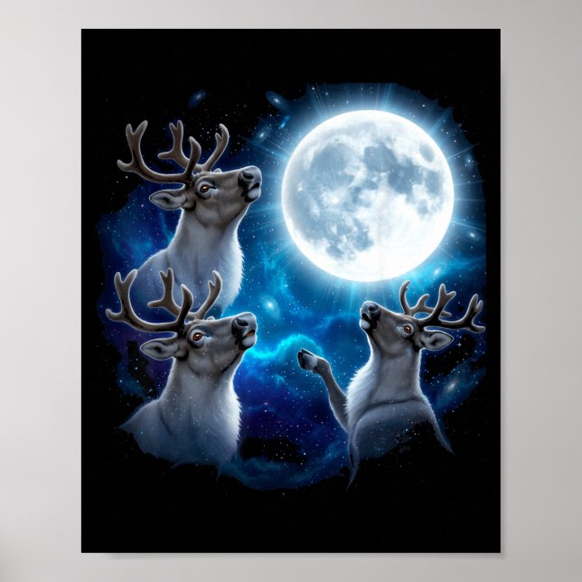Poster Three Reindeer Howling At The Moon Merry Christmas (Frente)