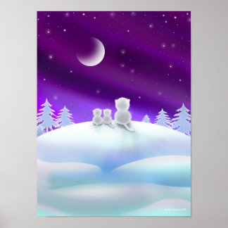 Poster Three White Cats atop a Snow Hill