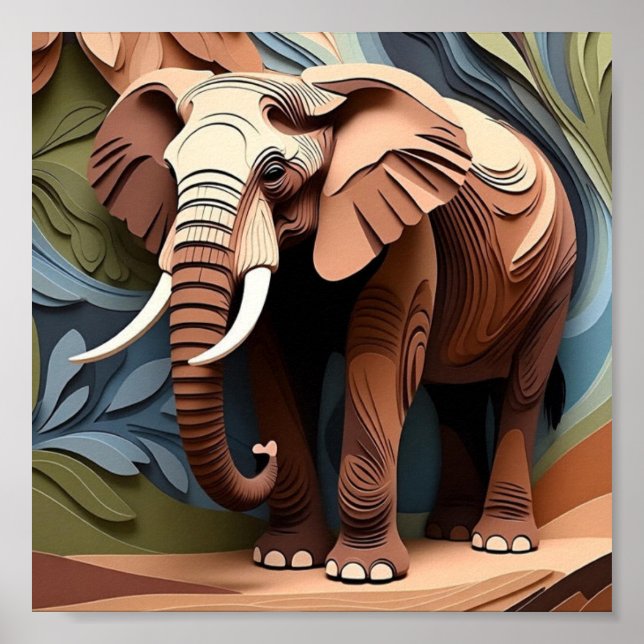 Poster Tia do Elefante em Tons Terrosos de Corte de Papel (Frente)