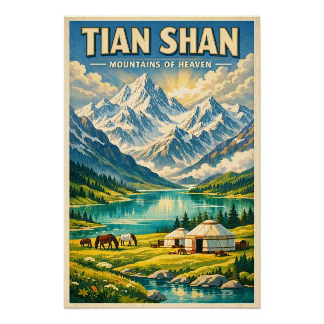 Pôster Tian Shan Mountains, China, in a classic retro (Frente)