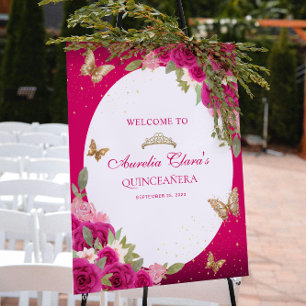 Poster Tiara Butterfly Dourada Rosa Floral Quinceañera