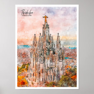 Poster Tibidabo Barcelona viagem vintage aquarela