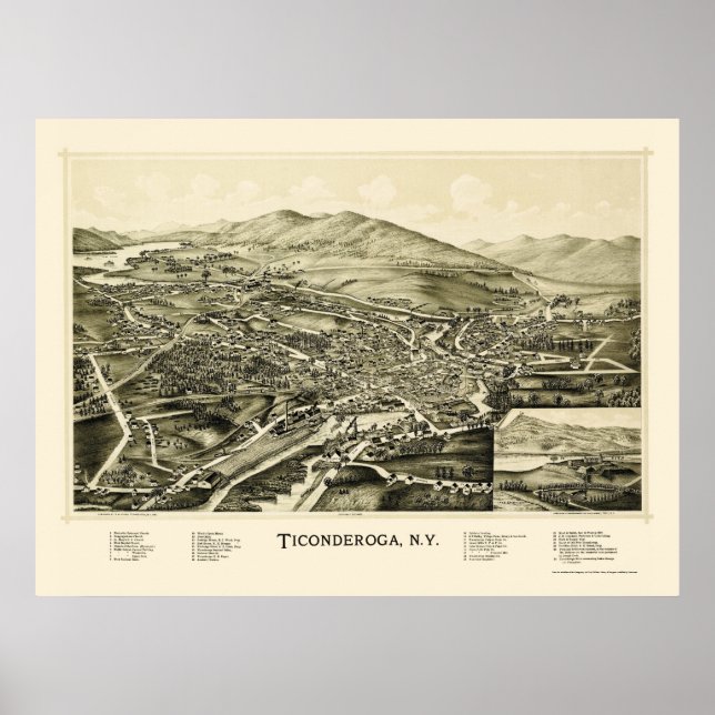 Pôster Ticonhava, Mapa Panorâmico NY - 1891 (Frente)