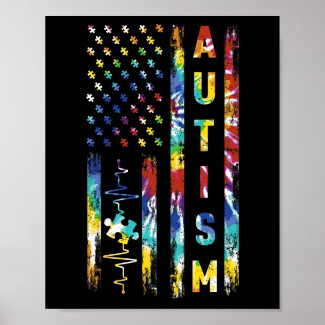 Poster Tie Dye American Flag Autism Awarse Support Tea (Frente)