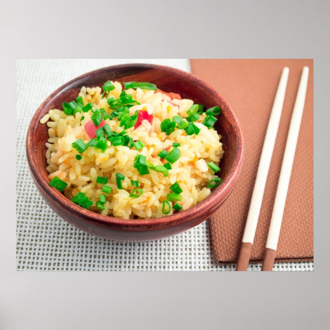 Poster tigela castanha com uma porção de arroz cozido (Frente)