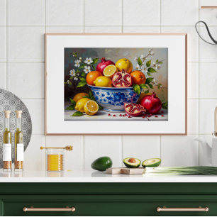 Poster Tigela de Frutas Mediterrâneas Pintura em Óleo de