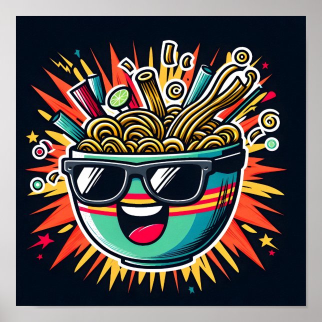 Poster Tigela de Ramen de Macarrão Cartoon Fofo Engraçado (Frente)