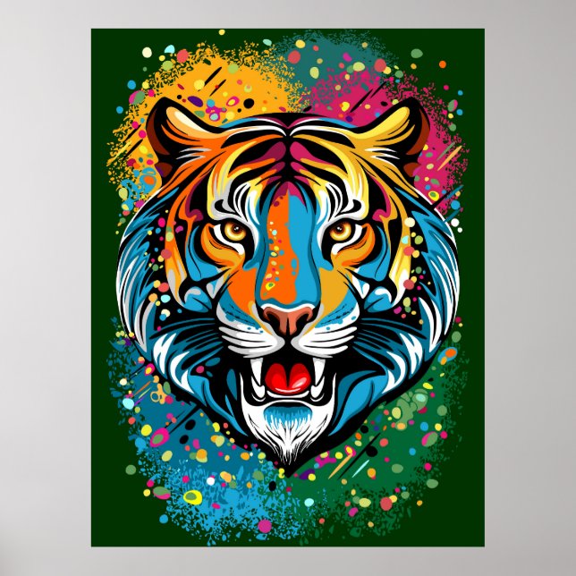 Poster Tiger Head Rainbow colors paint stains (Frente)