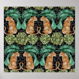 Poster Tiger Leaves: Selva De Aquarela Sem Costura.
