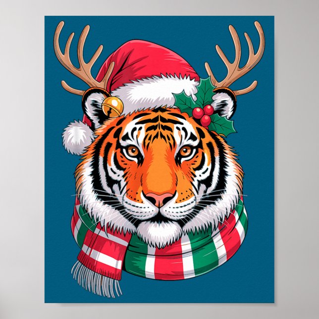 Poster Tiger Reindeer Christmas Santa Hat Tiger Xmas  (Frente)