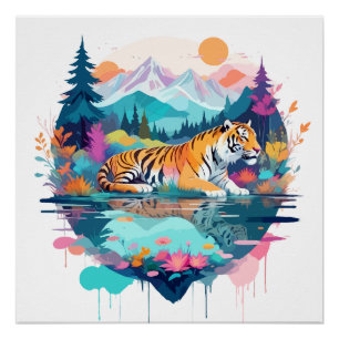 Pôster Tiger Wildlife Animal Nature Outdoor Watercolor
