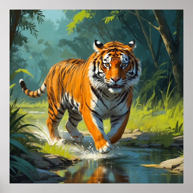 Poster Tigre atordoante correndo na pintura da selva (Frente)