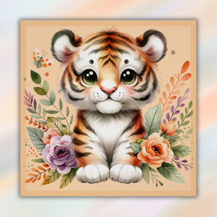 Pôster Tigre bonito com flores para crianças