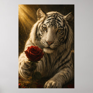 Poster Tigre Branco com Rosa Vermelha sob Luz da Lua – Ro