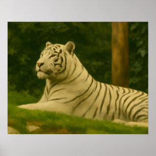 Poster Tigre Branco Descendo à Luz da Floresta