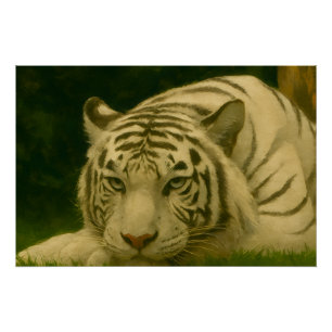 Pôster Tigre Branco Descendo em Woodland Shade