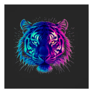 Pôster Tigre Branco Neon – Arte de Vida Selvagem Cyberpun