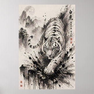 Poster Tigre Branco Poderoso Pintura de Tinta Spritz Orie