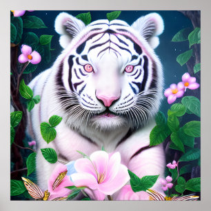 Poster Tigre branco Pop surreal com flores cor-de-rosa