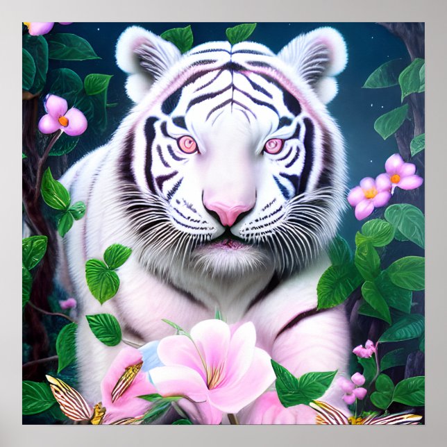 Poster Tigre branco Pop surreal com flores cor-de-rosa (Frente)