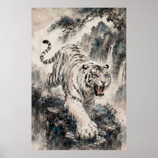 Poster Tigre Branco Rugindo no Penhasco da Montanha | Chi
