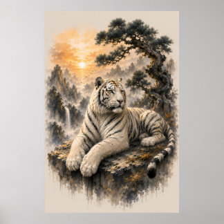 Poster Tigre Branco sob Pinheiro Antigo | Tinta Chinesa
