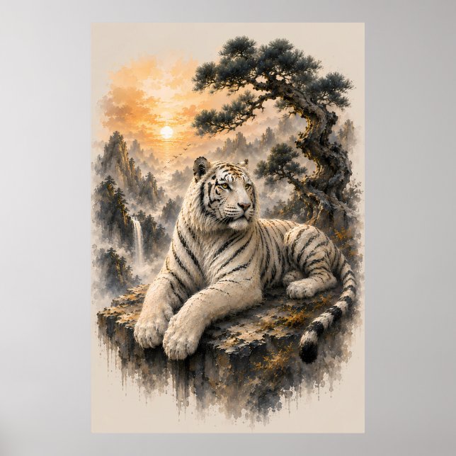 Poster Tigre Branco sob Pinheiro Antigo | Tinta Chinesa (Frente)