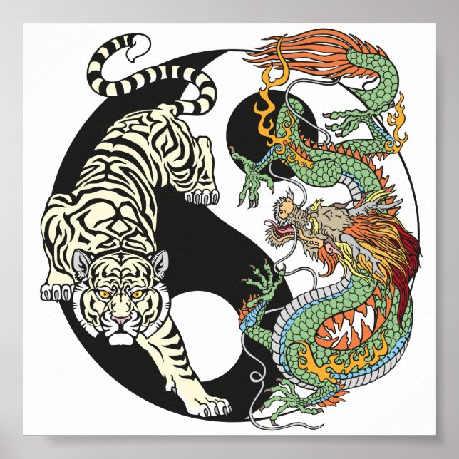 Poster Tigre branco versus dragão verde no yin yang (Frente)
