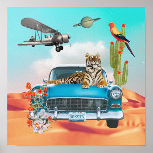 Poster Tigre Carro Retro Deserto Cacto Colagem Tela