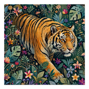 Pôster Tigre com Olhos Âmbar Folhagem da Selva Fantasia