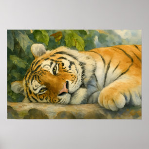 Poster Tigre de Aquarela Descansado em Lush Greenery
