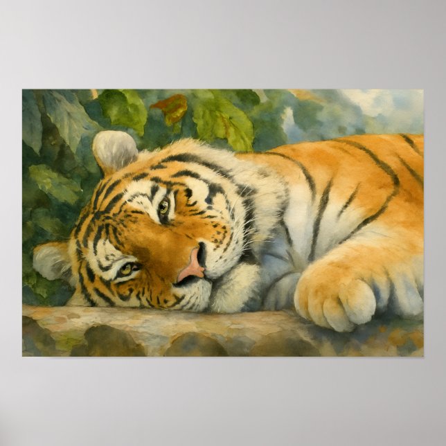 Poster Tigre de Aquarela Descansado em Lush Greenery (Frente)