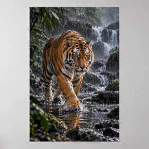 Poster Tigre-de-bengala Caminhando pela Água da Floresta