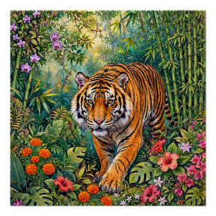 Pôster Tigre de Bengala Vibrante Selva de Bambu