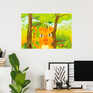 Poster Tigre de Desenho Animado Bravo e Fofo na Selva