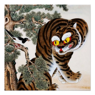 Pôster Tigre e Pega Minhwa sob a Árvore de Pinheiro