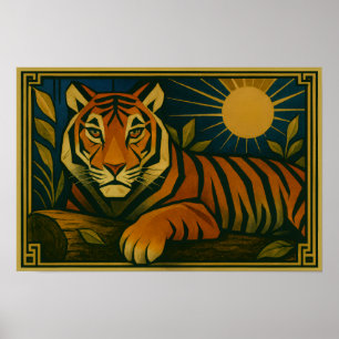 Poster Tigre Estilizado na Moldura Ornamental Sunburst