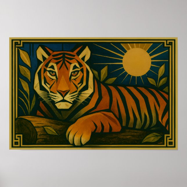 Poster Tigre Estilizado na Moldura Ornamental Sunburst (Frente)