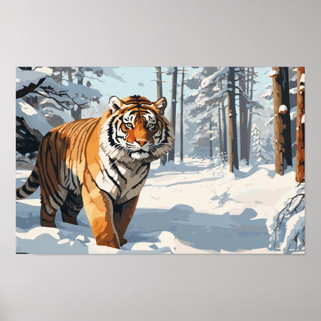 Poster Tigre ibérico em florestas cobertas de neve (Frente)