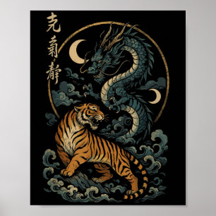 Poster Tigre Japonês Dragão Yin E Yang Páscoa Mítica