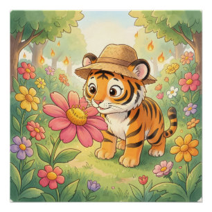 Pôster Tigre jovem fofo com chapéu no jardim