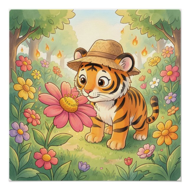 Pôster Tigre jovem fofo com chapéu no jardim (Frente)